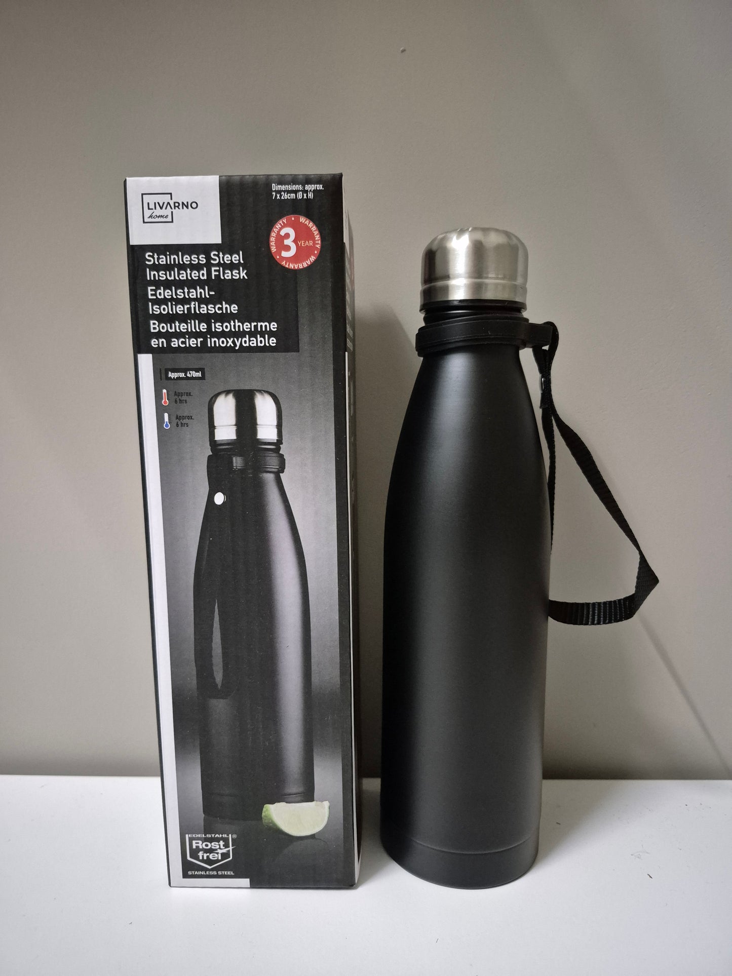 Thermosfles van roestvrij staal, met lus, 500 ml - Zwart