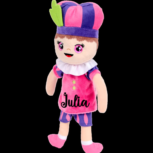 Pieten knuffel met naam - Blauw/Roze