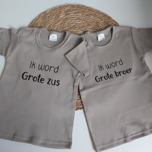 Zwangerschapsaankondiging shirtje – “Ik word grote broer/zus” (zandkleur)