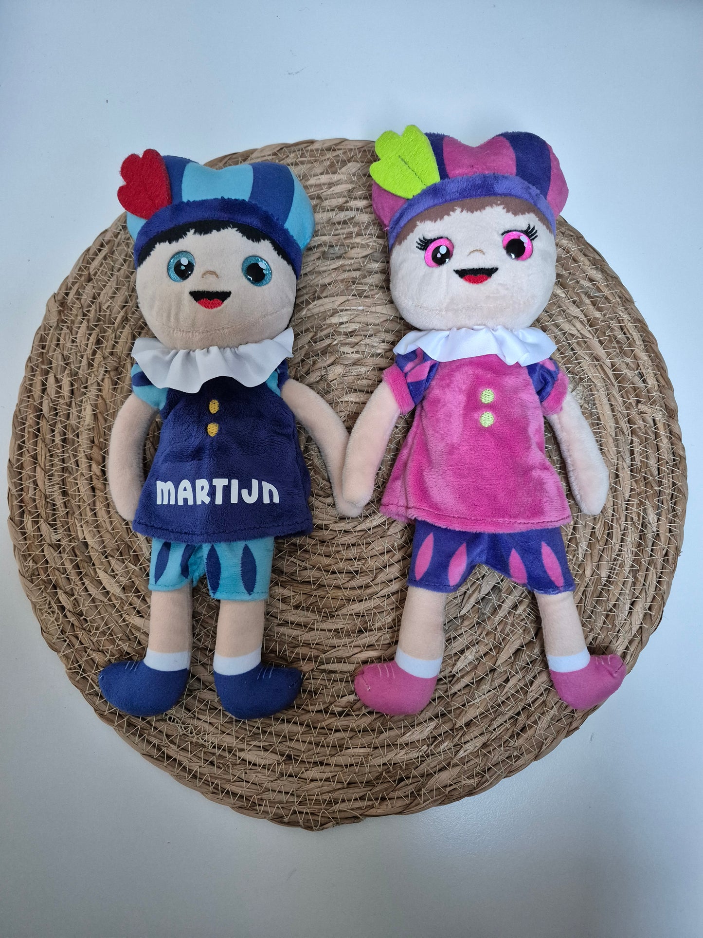 Pieten knuffel met naam - Blauw/Roze