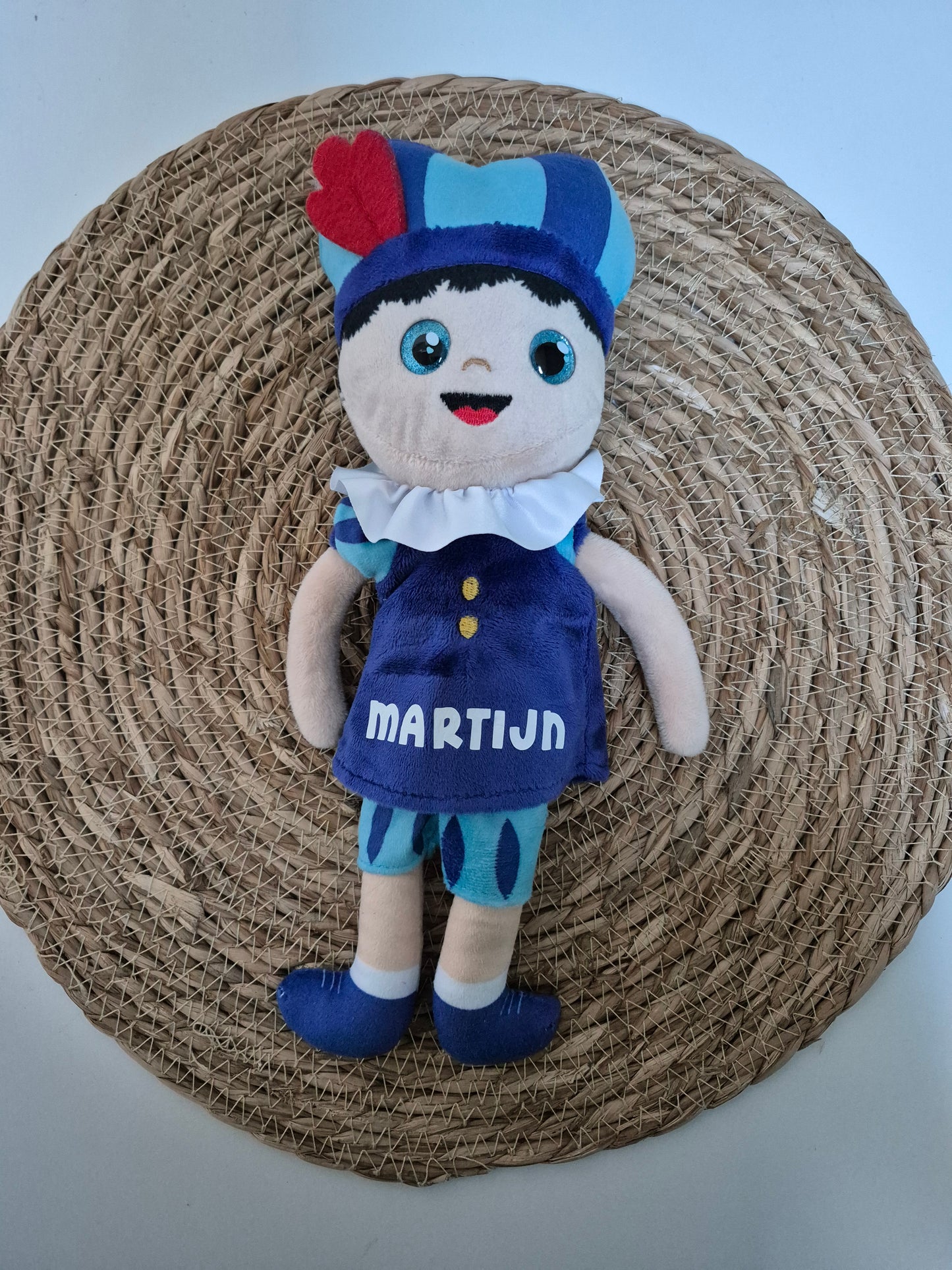 Pieten knuffel met naam - Blauw/Roze