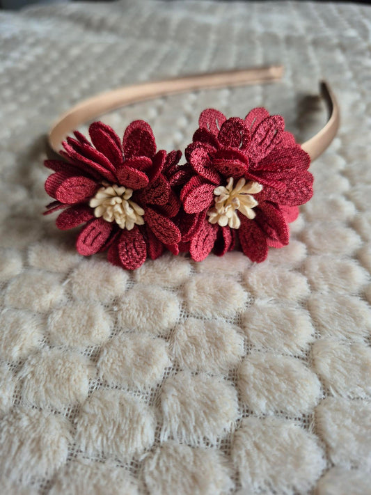 Diadeem met stoffen bloemen – Bordeaux rood