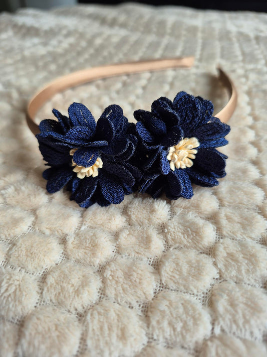 Diadeem met stoffen bloemen – Donker blauw
