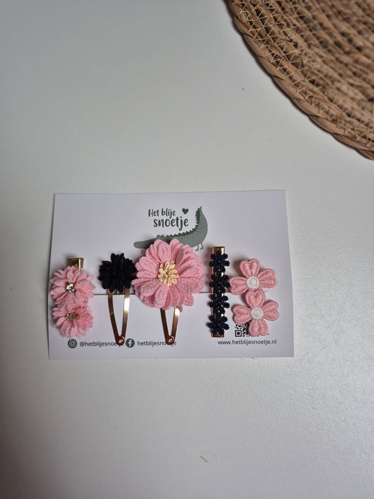 Set van 5 haarspeldjes - Roze / donkerblauw