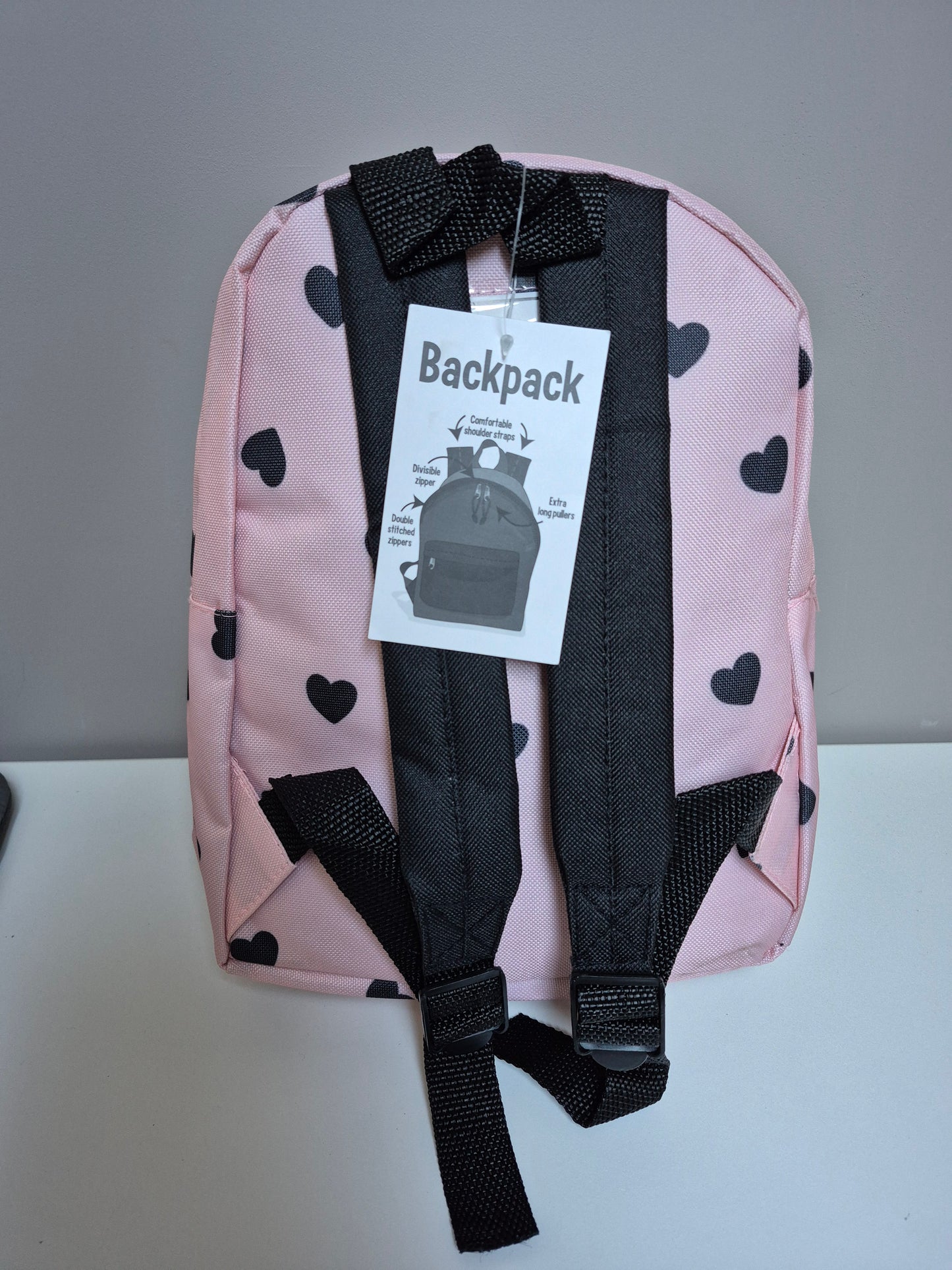 Kinder Rugzak Roze met hartjes – Peuter & Kleuter Rugtas met Voorvak – 28 x 21 cm