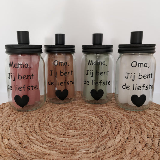 Pot met 5 kaarsen met tekst Oma/Mama jij bent de liefste - Diverse kleuren